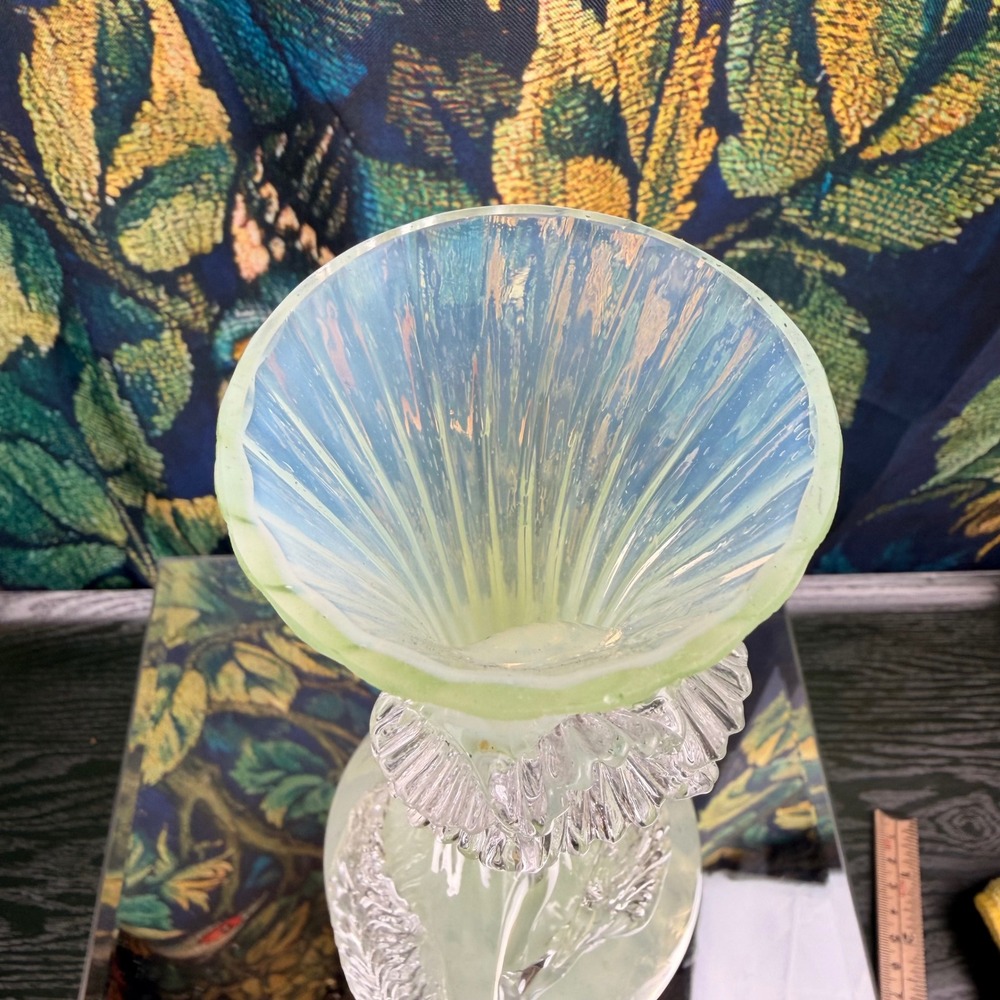 Uranium Art Glass Vase Opalescent Floral Applique 10" - Picture 6 of 9